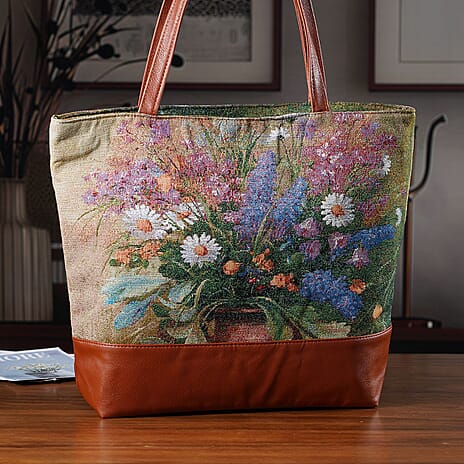 Flower Tote Bag (Size 35x12x36 cm) - Beige & Purple