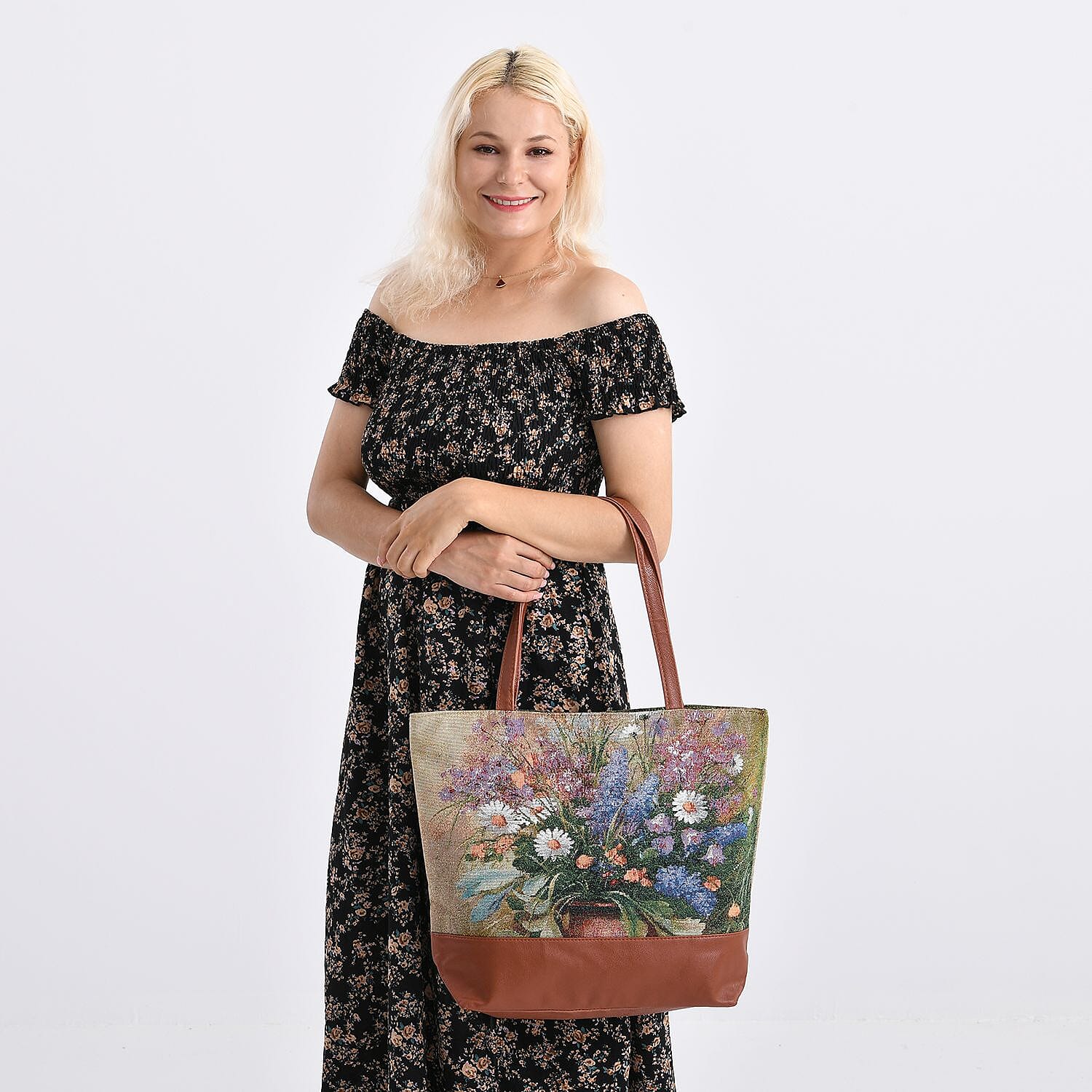 Flower Tote Bag (Size 35x12x36 cm) - Beige & Purple