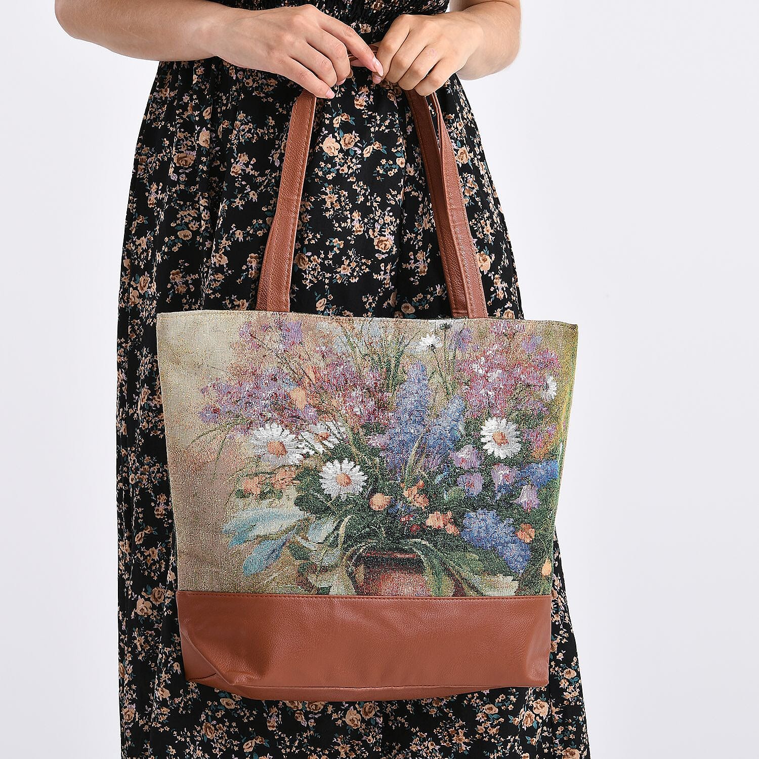 Flower Tote Bag (Size 35x12x36 cm) - Beige & Purple