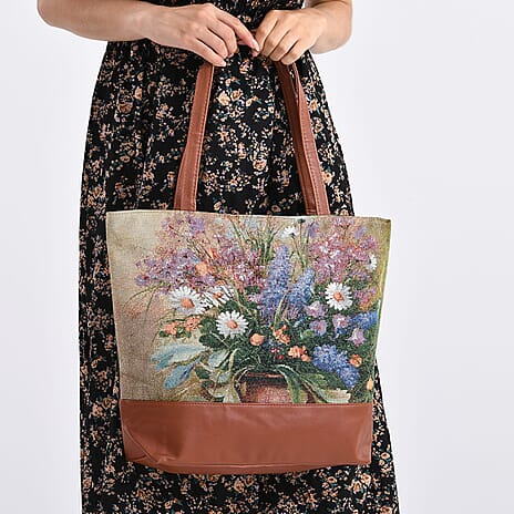 Flower Tote Bag (Size 35x12x36 cm) - Beige & Purple