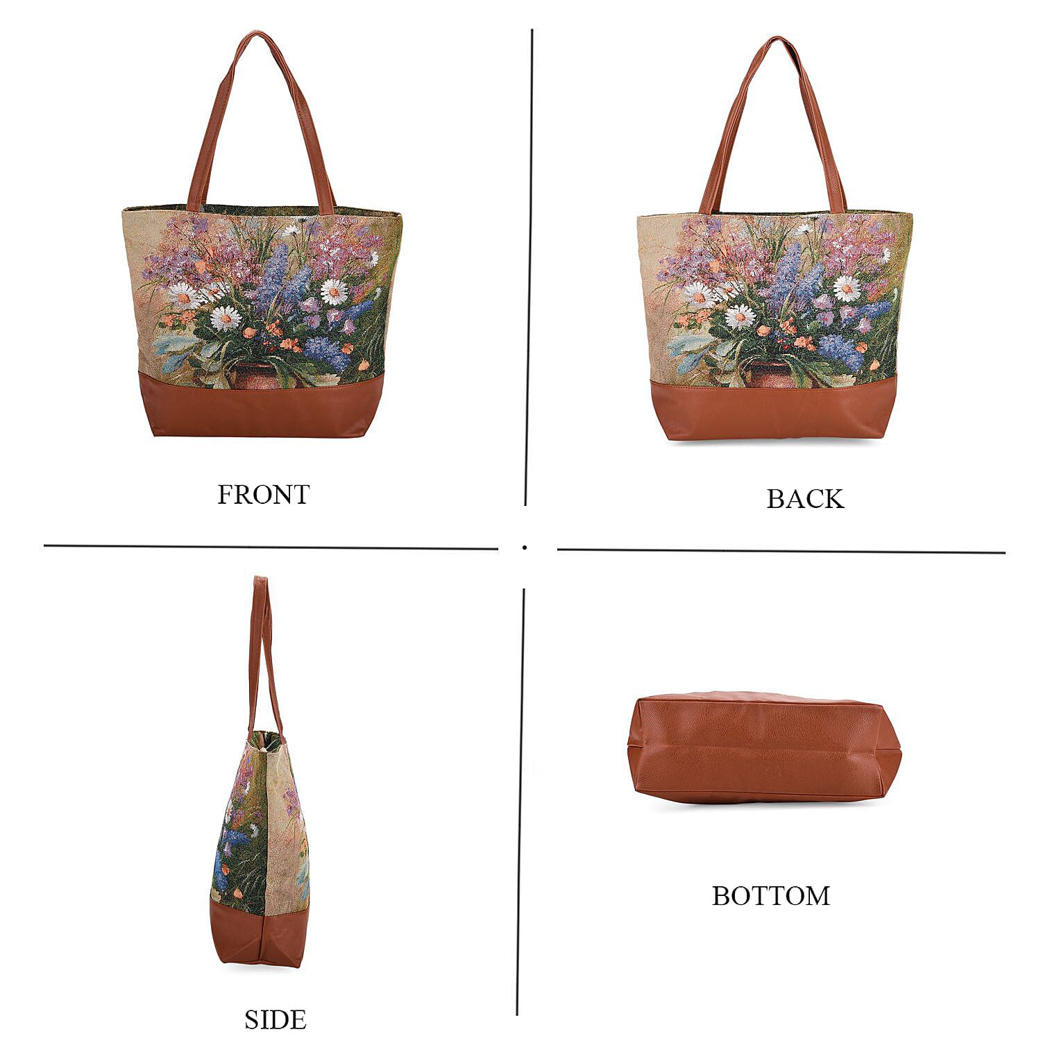 Flower Tote Bag (Size 35x12x36 cm) - Beige & Purple