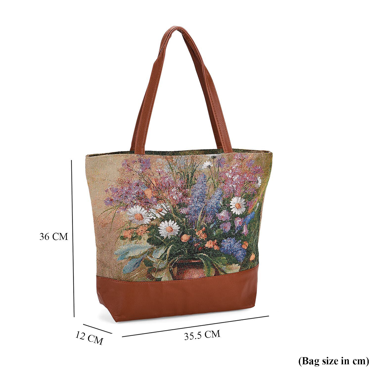 Flower Tote Bag (Size 35x12x36 cm) - Beige & Purple