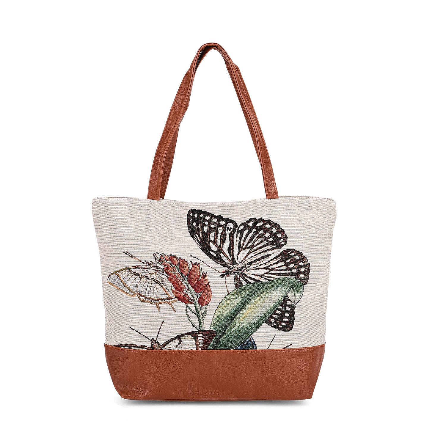 Butterfly Tote Bag (Size 35x12x36 cm) - White & White