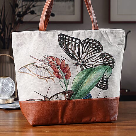 Butterfly Tote Bag (Size 35x12x36 cm) - White & White