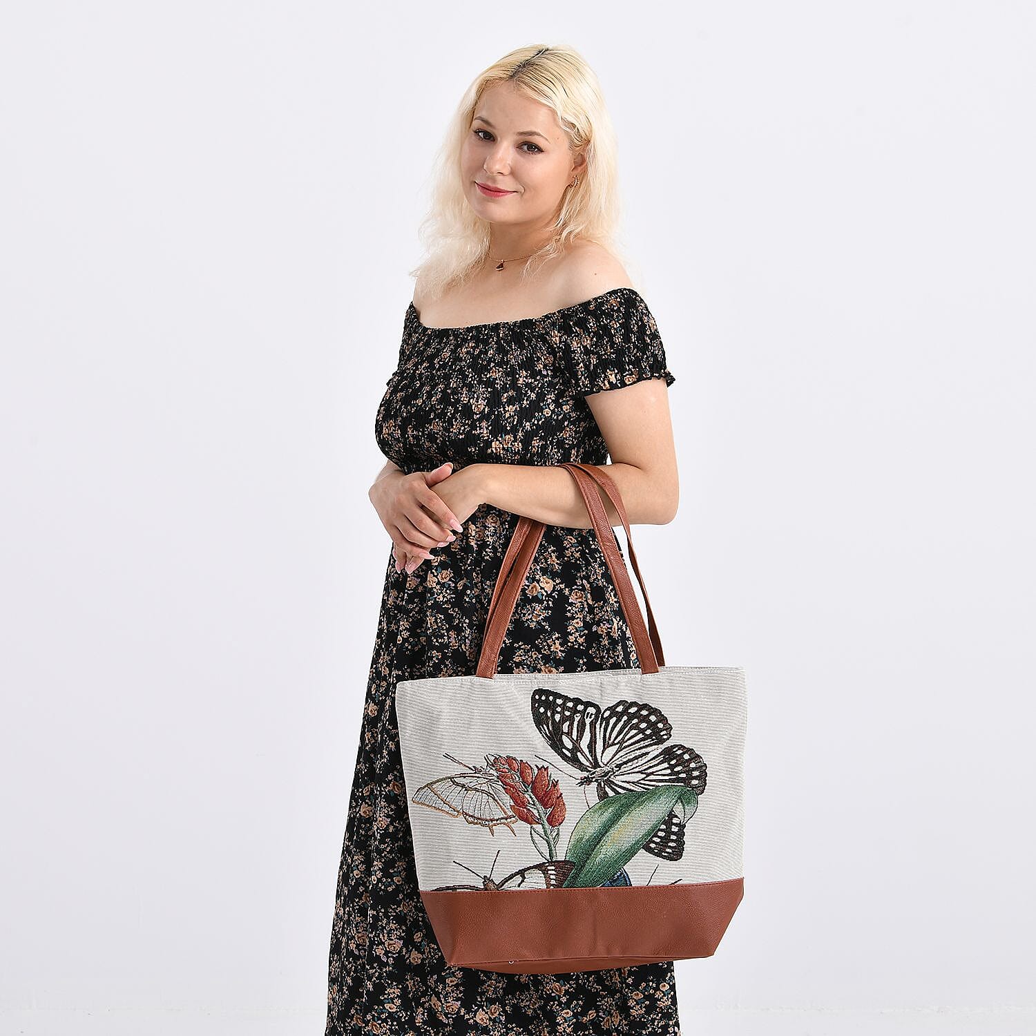 Butterfly Tote Bag (Size 35x12x36 cm) - White & White