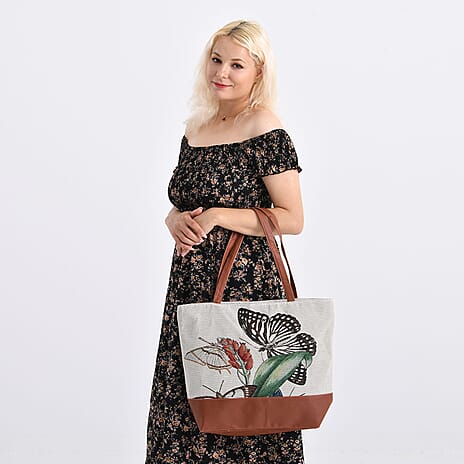 Butterfly Tote Bag (Size 35x12x36 cm) - White & White