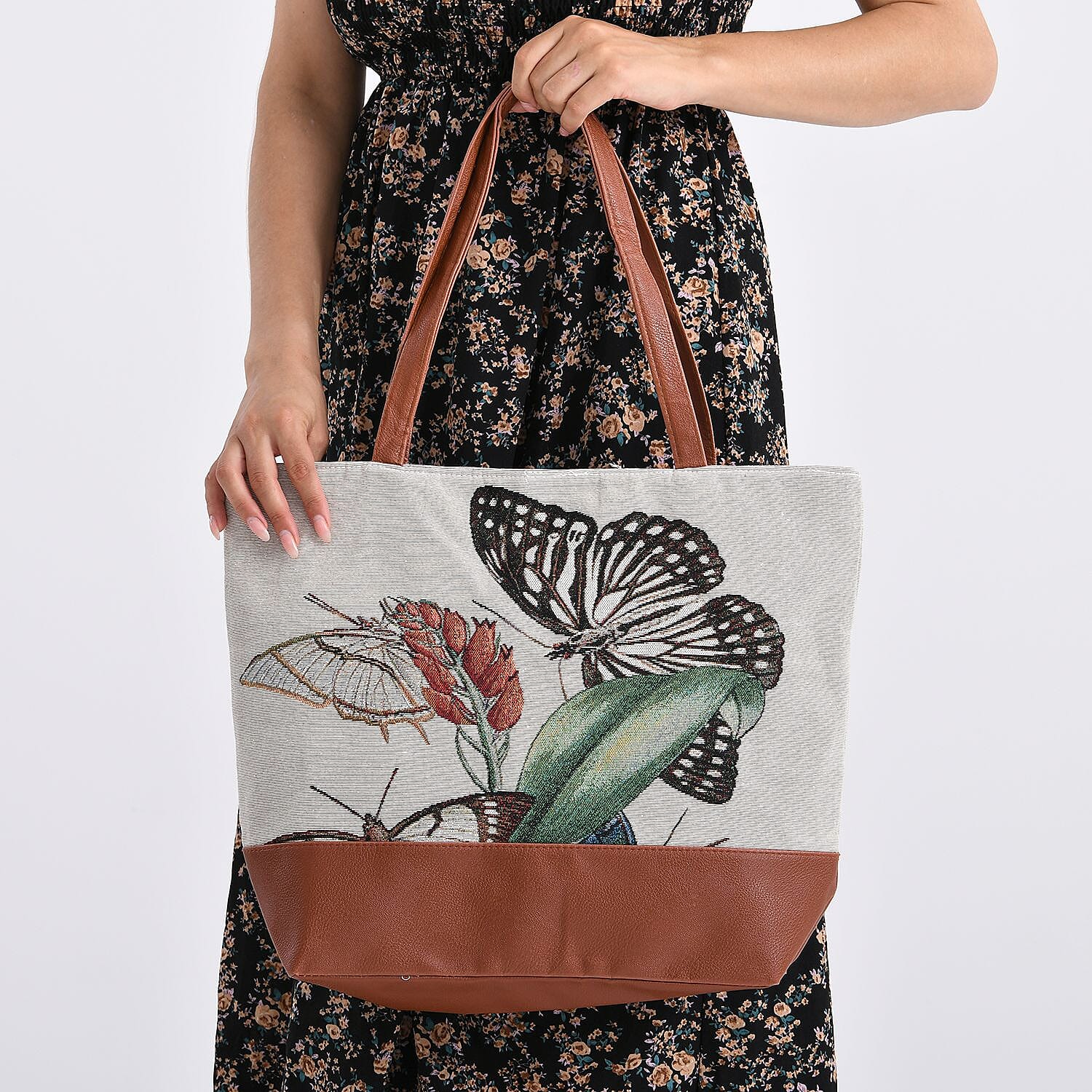 Butterfly Tote Bag (Size 35x12x36 cm) - White & White