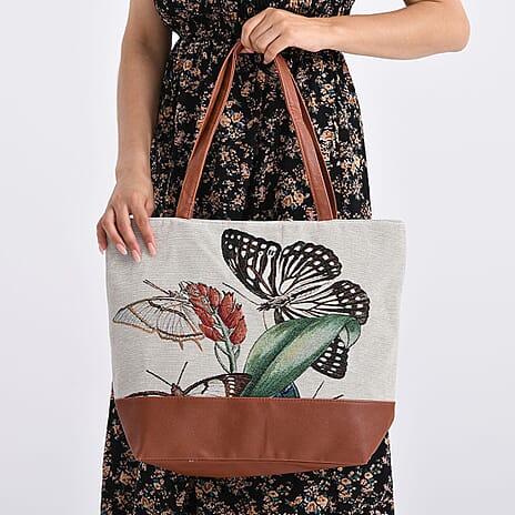 Butterfly Tote Bag (Size 35x12x36 cm) - White & White