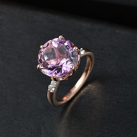 Djoy Rose De France Amethyst & White Zircon Solitaire Ring in 14K Rose Gold Plated Sterling Silver 6.50 Ct.
