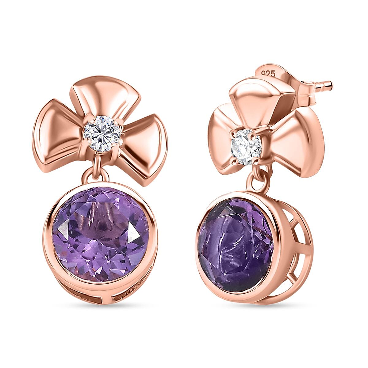 D'joy Rose De France Amethyst & White Zircon Solitaire Stud Push Post Earring in 14K Rose Gold Plated Sterling Silver 4.12 Ct.
