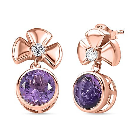 D'joy Rose De France Amethyst & White Zircon Solitaire Stud Push Post Earring in 14K Rose Gold Plated Sterling Silver 4.12 Ct.