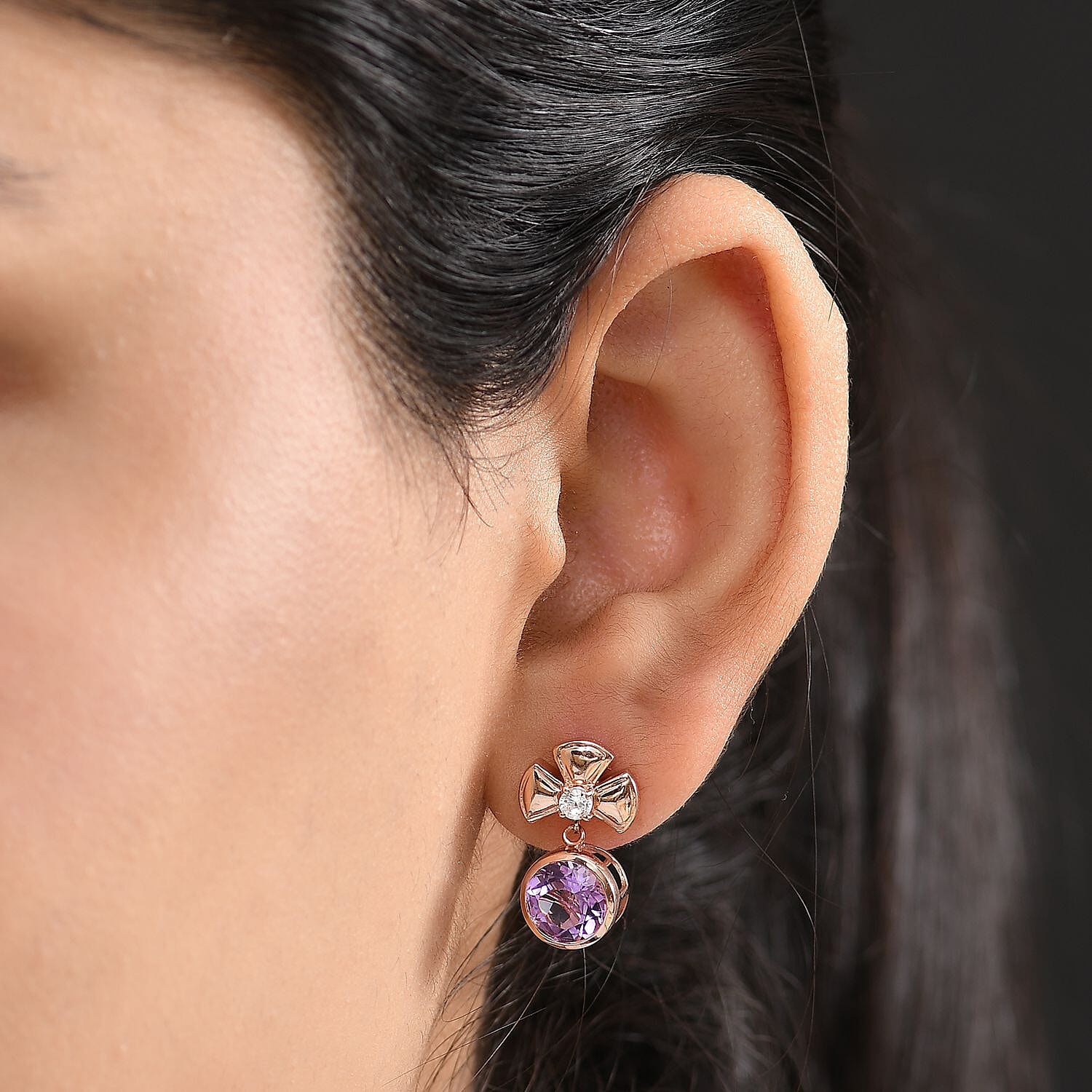 D'joy Rose De France Amethyst & White Zircon Solitaire Stud Push Post Earring in 14K Rose Gold Plated Sterling Silver 4.12 Ct.