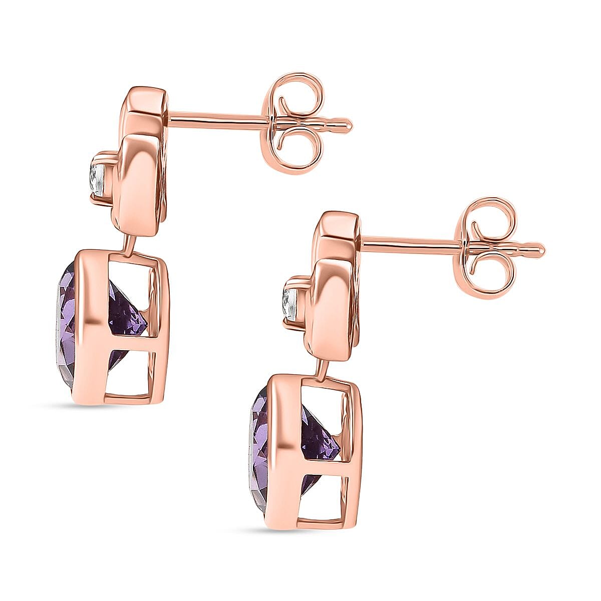 D'joy Rose De France Amethyst & White Zircon Solitaire Stud Push Post Earring in 14K Rose Gold Plated Sterling Silver 4.12 Ct.