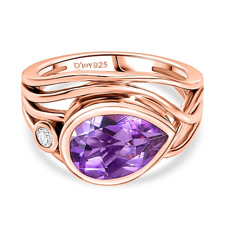 D'joy Rose De France Amethyst & White Zircon Solitaire Ring in 14K Rose Gold Plated Sterling Silver 2.56 Ct.