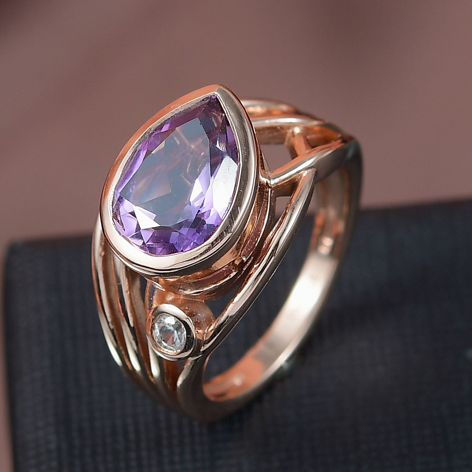 D'joy Rose De France Amethyst & White Zircon Solitaire Ring in 14K Rose Gold Plated Sterling Silver 2.56 Ct.