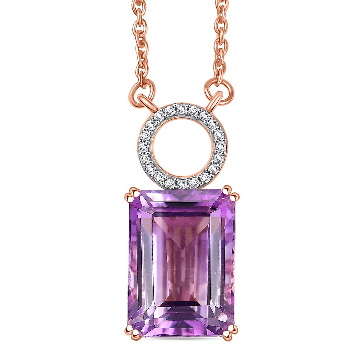 D'joy Rose De France Amethyst & White Zircon Cluster Necklace (Size - 20) with Lobster Clasp in 14K Rose Gold Plated Sterling Silver 7.83 Ct.