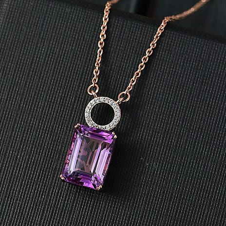 D'joy Rose De France Amethyst & White Zircon Cluster Necklace (Size - 20) with Lobster Clasp in 14K Rose Gold Plated Sterling Silver 7.83 Ct.
