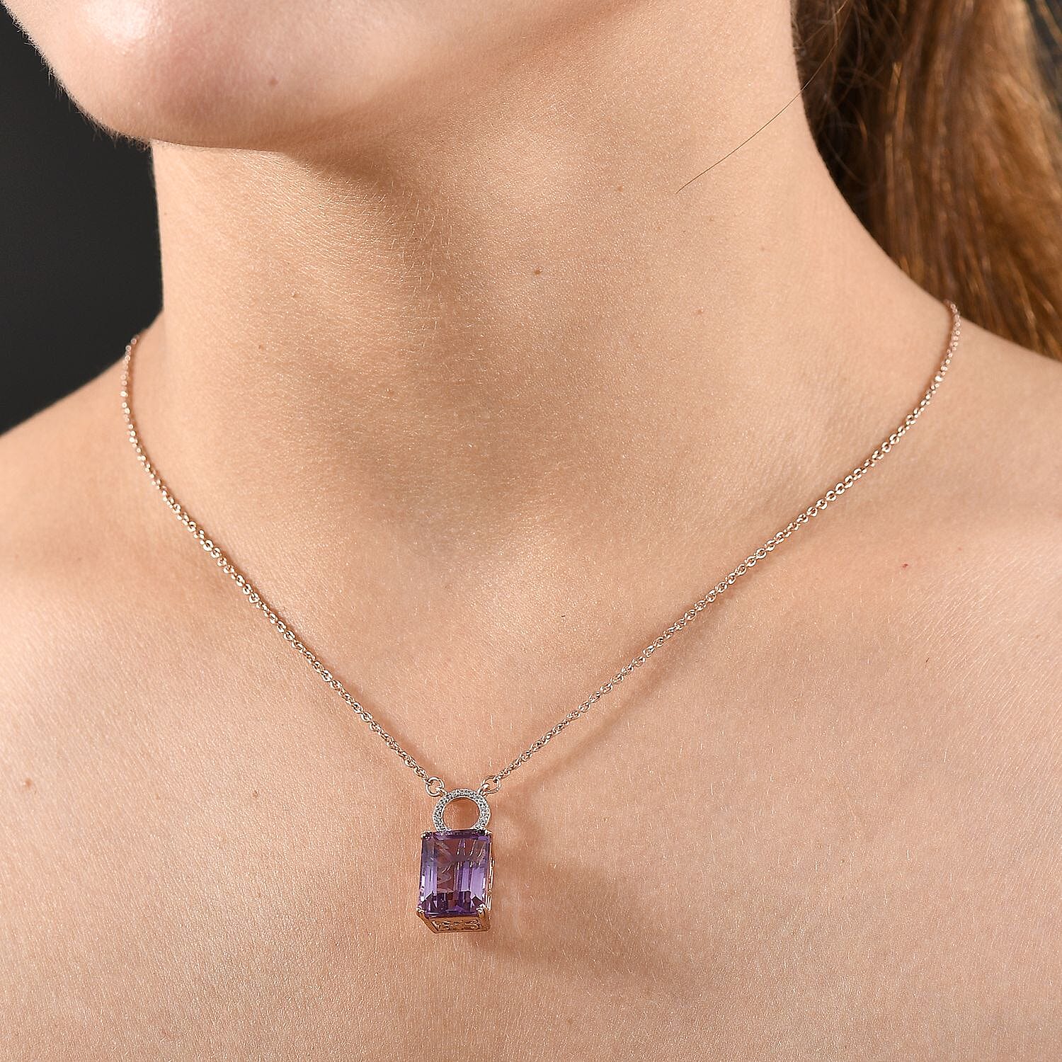 D'joy Rose De France Amethyst & White Zircon Cluster Necklace (Size - 20) with Lobster Clasp in 14K Rose Gold Plated Sterling Silver 7.83 Ct.