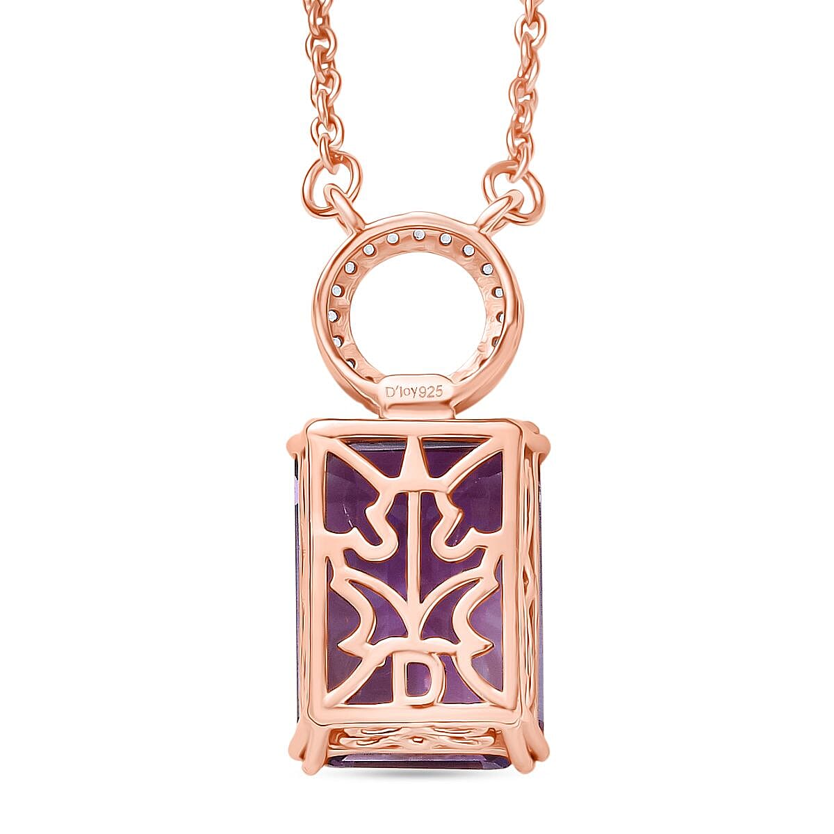 D'joy Rose De France Amethyst & White Zircon Cluster Necklace (Size - 20) with Lobster Clasp in 14K Rose Gold Plated Sterling Silver 7.83 Ct.