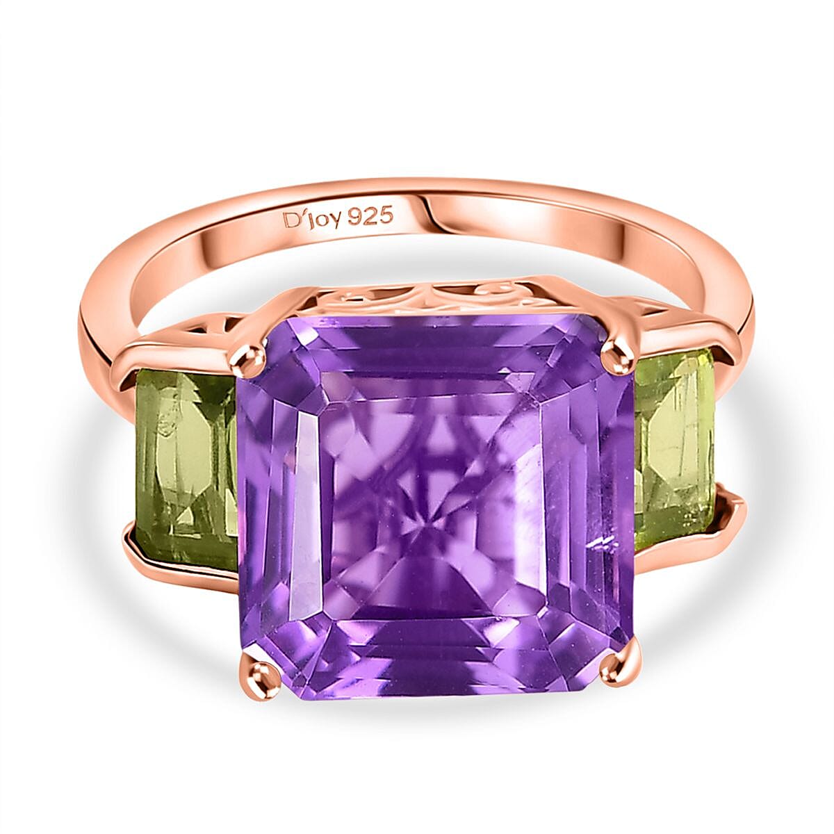 D'joy Rose De France Amethyst & Peridot Solitaire Ring in 14K Rose Gold Plated Sterling Silver 7.27 Ct.