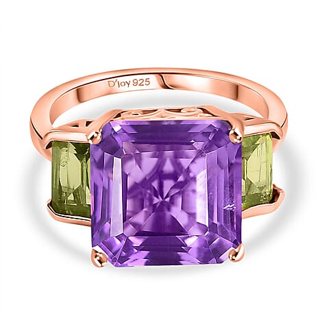 D'joy Rose De France Amethyst & Peridot Solitaire Ring in 14K Rose Gold Plated Sterling Silver 7.27 Ct.