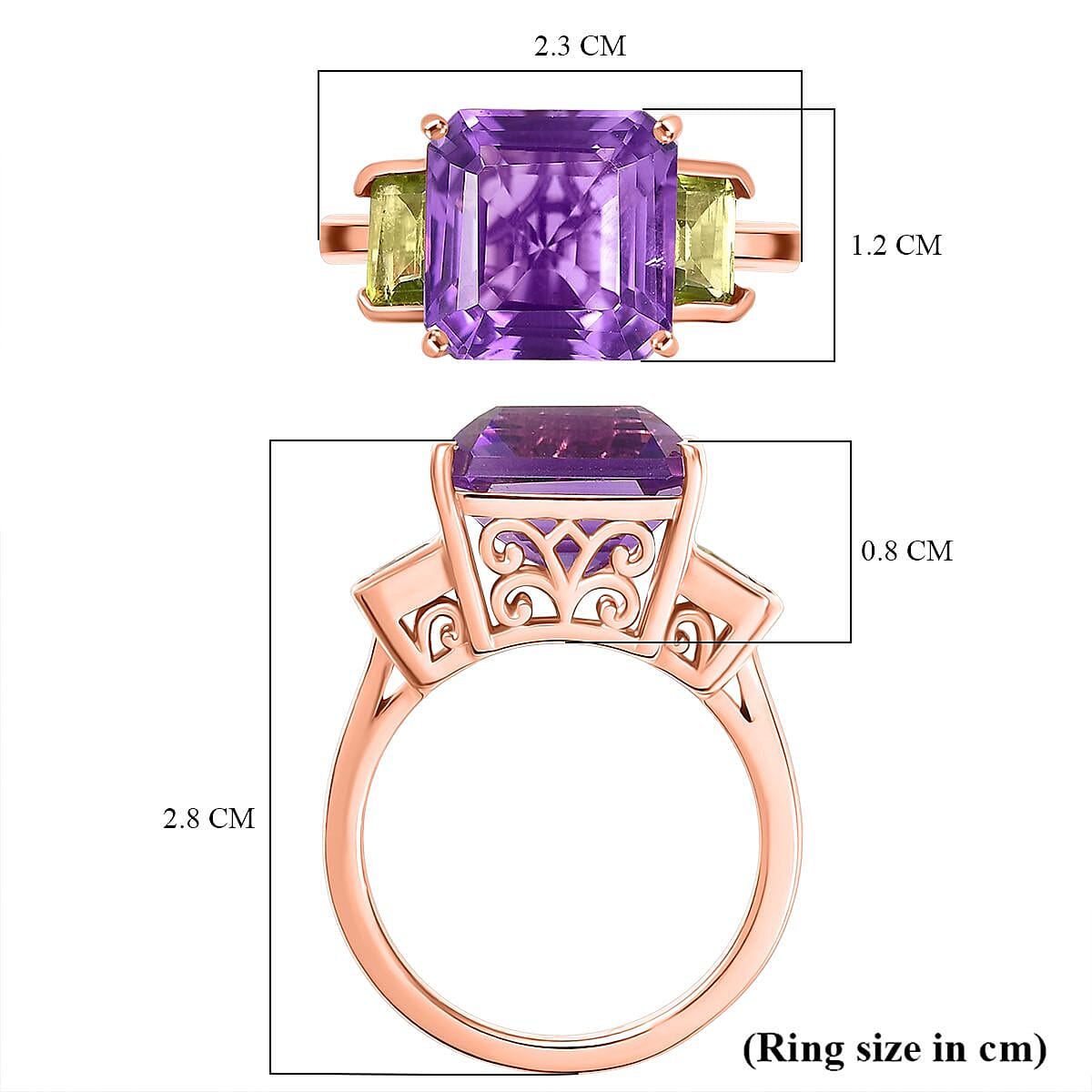 D'joy Rose De France Amethyst & Peridot Solitaire Ring in 14K Rose Gold Plated Sterling Silver 7.27 Ct.