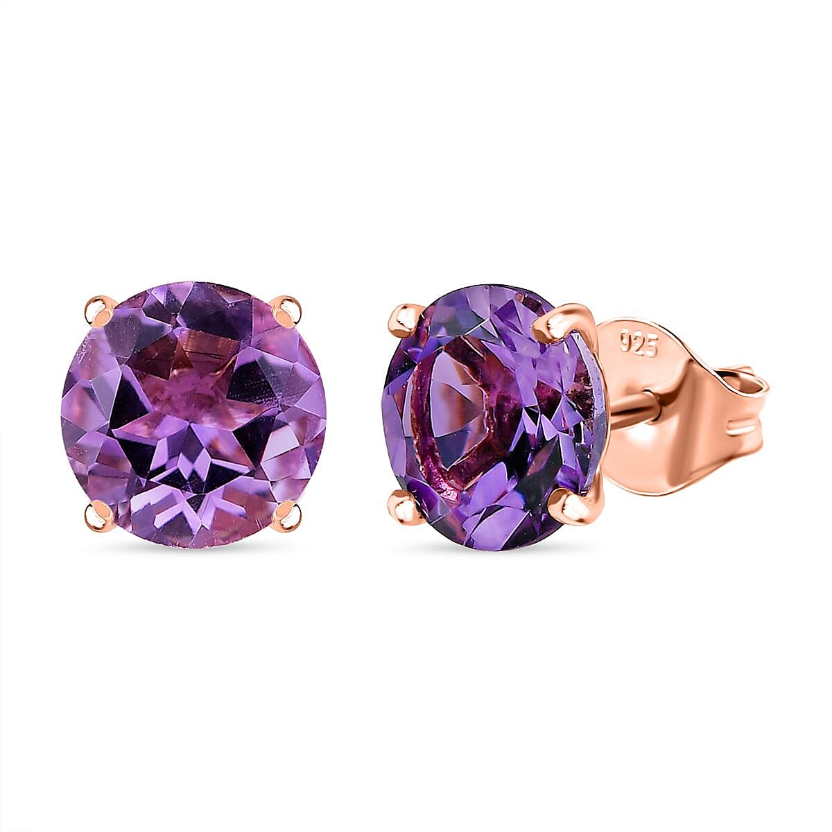 D'joy Rose De France Amethyst Solitaire Stud Push Post Earring in Rose Gold Plated Sterling Silver 3.72 Ct.