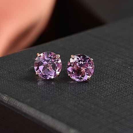 D'joy Rose De France Amethyst Solitaire Stud Push Post Earring in Rose Gold Plated Sterling Silver 3.72 Ct.