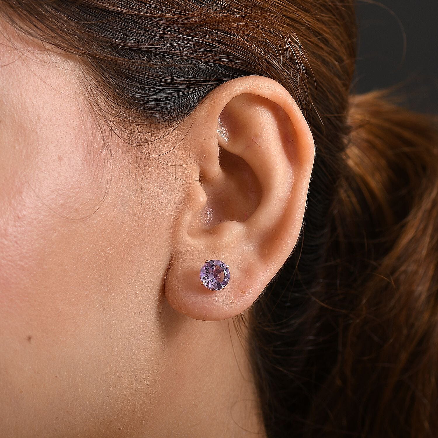 D'joy Rose De France Amethyst Solitaire Stud Push Post Earring in Rose Gold Plated Sterling Silver 3.72 Ct.