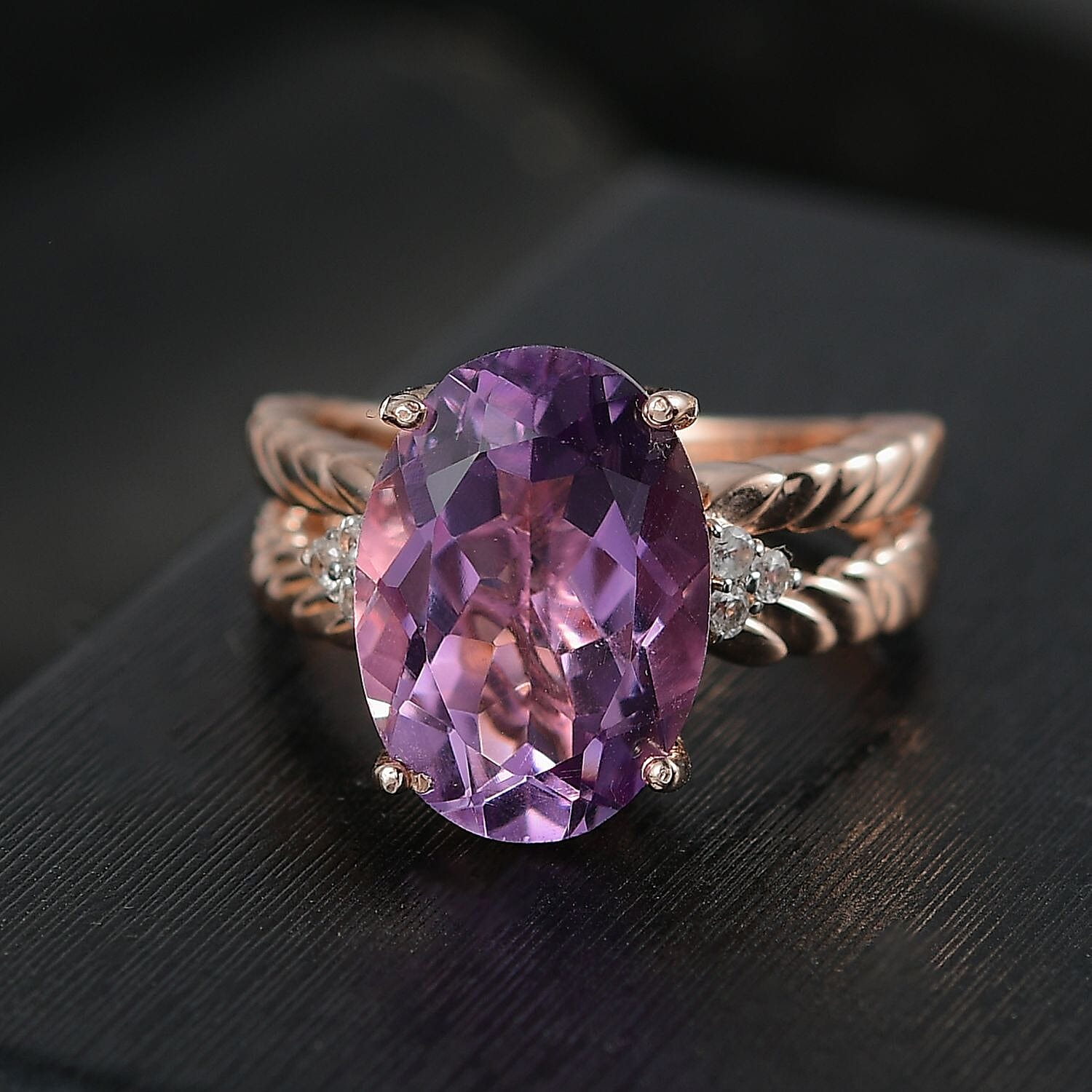 D'joy Rose De France Amethyst & White Zircon Solitaire Ring in 14K Rose Gold Plated Sterling Silver 5.84 Ct.