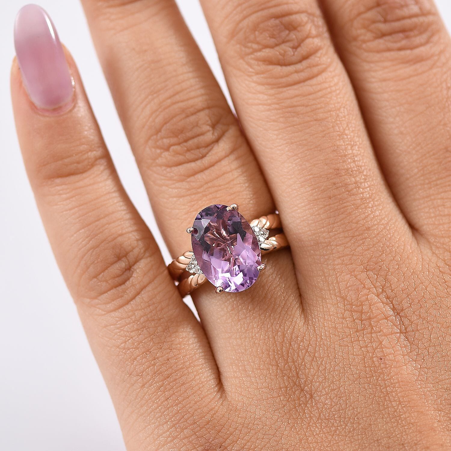 D'joy Rose De France Amethyst & White Zircon Solitaire Ring in 14K Rose Gold Plated Sterling Silver 5.84 Ct.