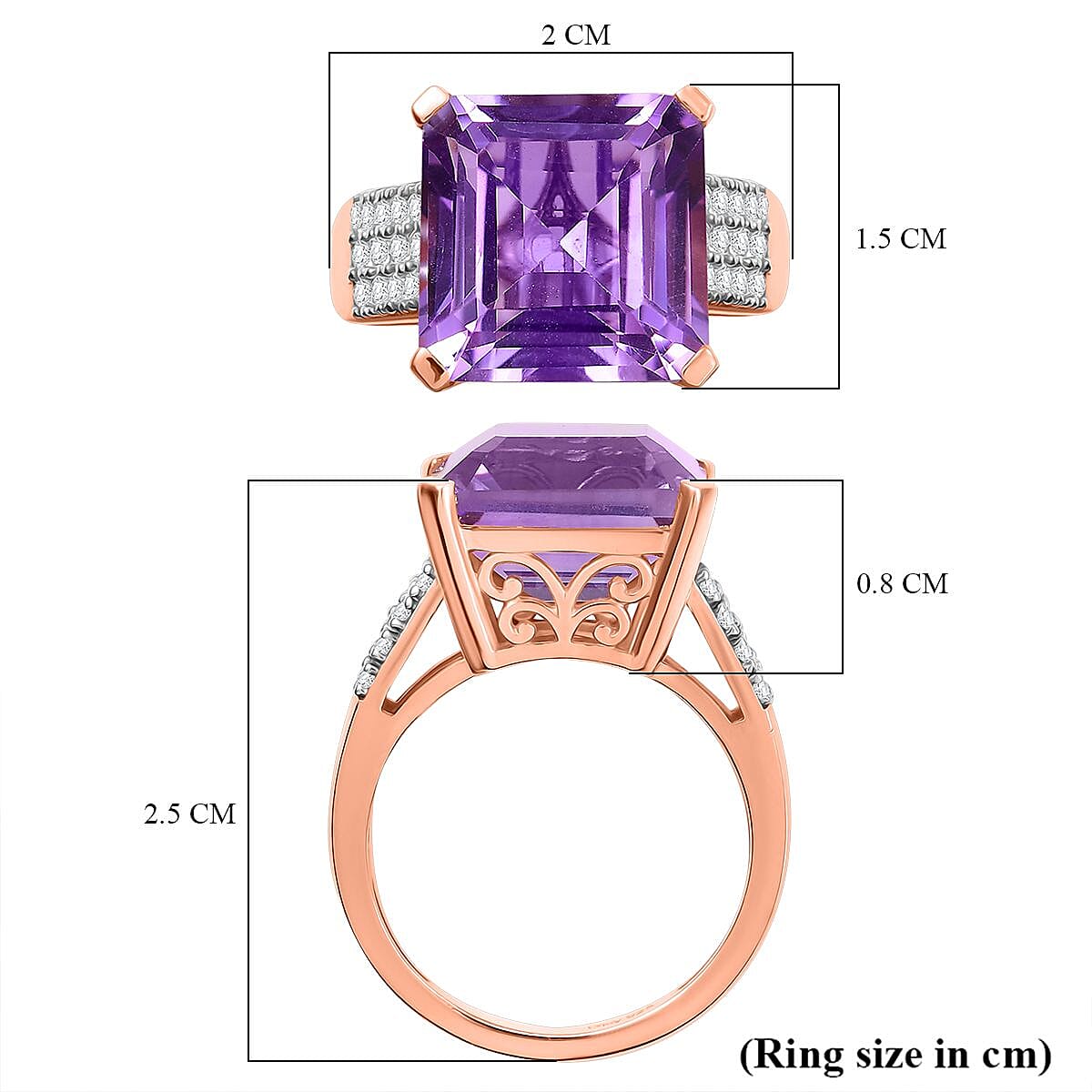 Rose De France Amethyst & White Zircon Ring in 14K Rose Gold Plated Sterling Silver 9.03 Ct.