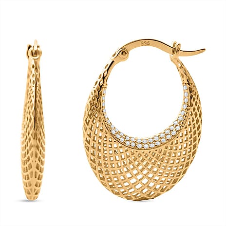 White Cubic Zirconia Earring with Clasp in Yellow Gold Plated Sterling Silver