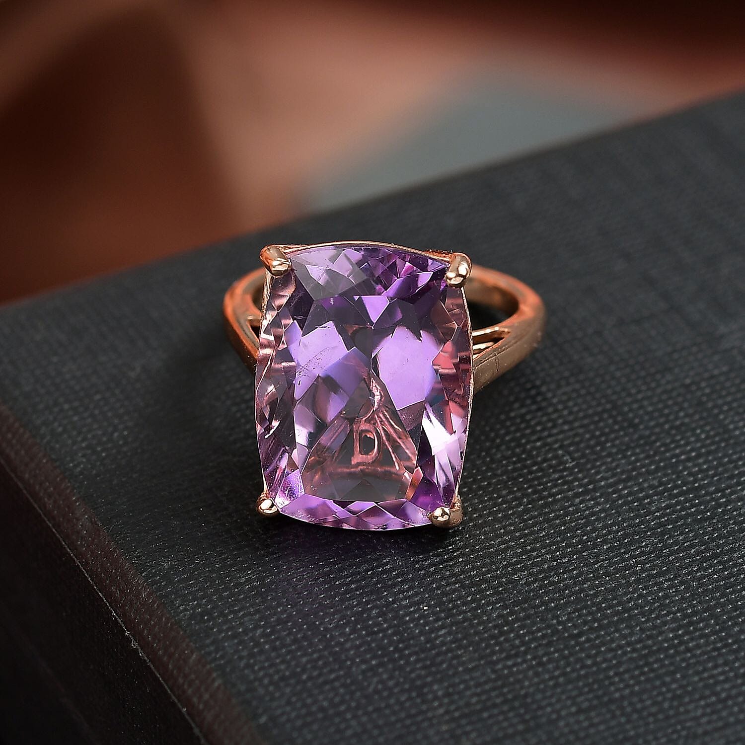 Rose De France Amethyst Solitaire Ring in 14K Rose Gold Plated Sterling Silver 14.46 Ct.