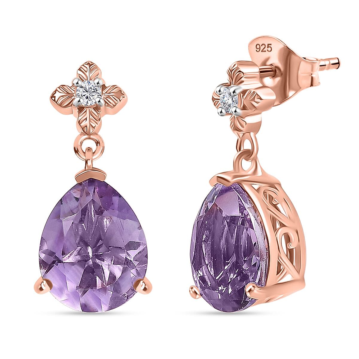 D'joy Rose De France Amethyst & White Zircon Stud Push Post Earring in 14K Rose Gold Plated Sterling Silver 4.38 Ct.