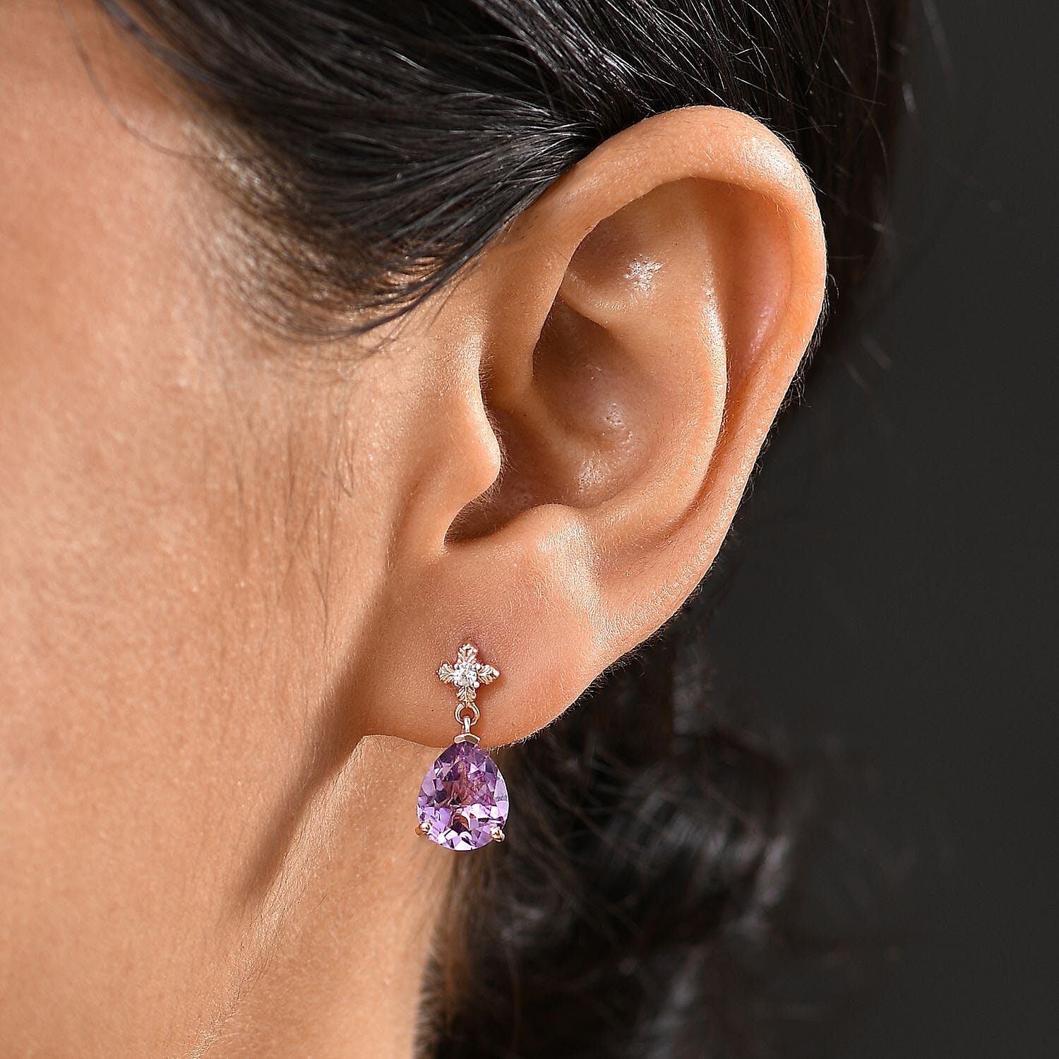 D'joy Rose De France Amethyst & White Zircon Stud Push Post Earring in 14K Rose Gold Plated Sterling Silver 4.38 Ct.