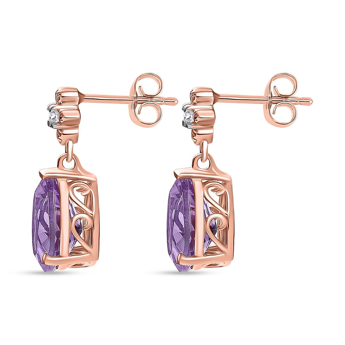 D'joy Rose De France Amethyst & White Zircon Stud Push Post Earring in 14K Rose Gold Plated Sterling Silver 4.38 Ct.