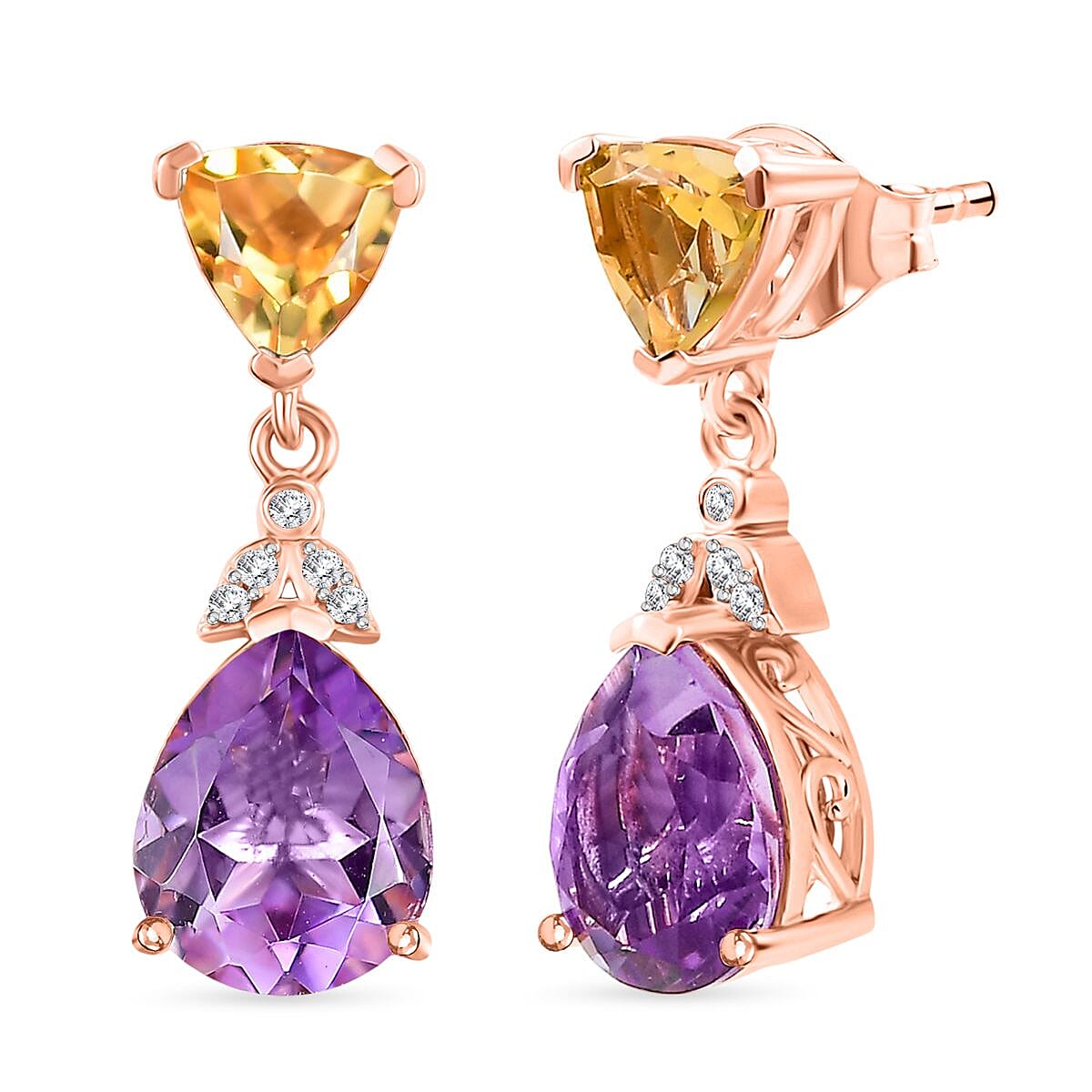 Rose De France Amethyst, Citrine & White Zircon Stud Push Post Earring in 14K Rose Gold Plated Sterling Silver 5.71 Ct.