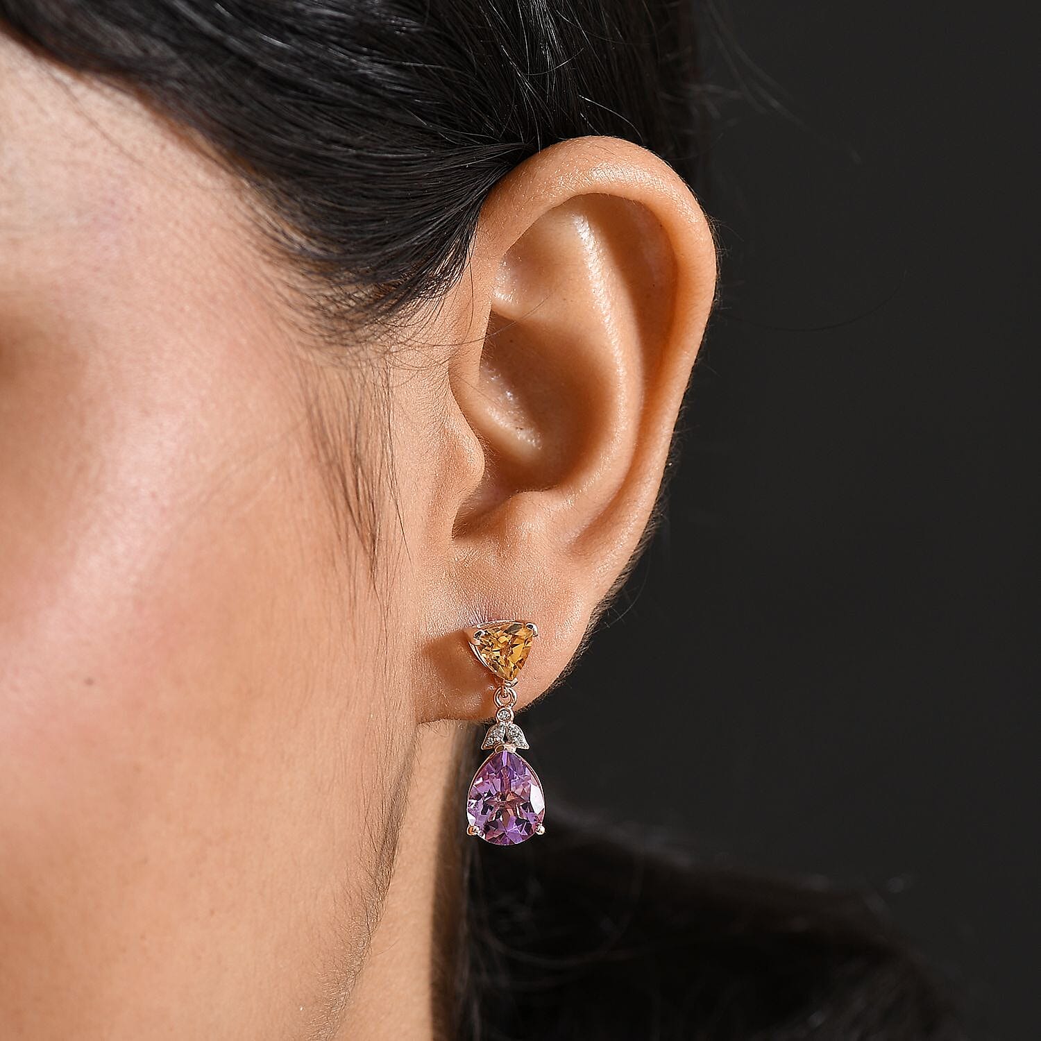Rose De France Amethyst, Citrine & White Zircon Stud Push Post Earring in 14K Rose Gold Plated Sterling Silver 5.71 Ct.