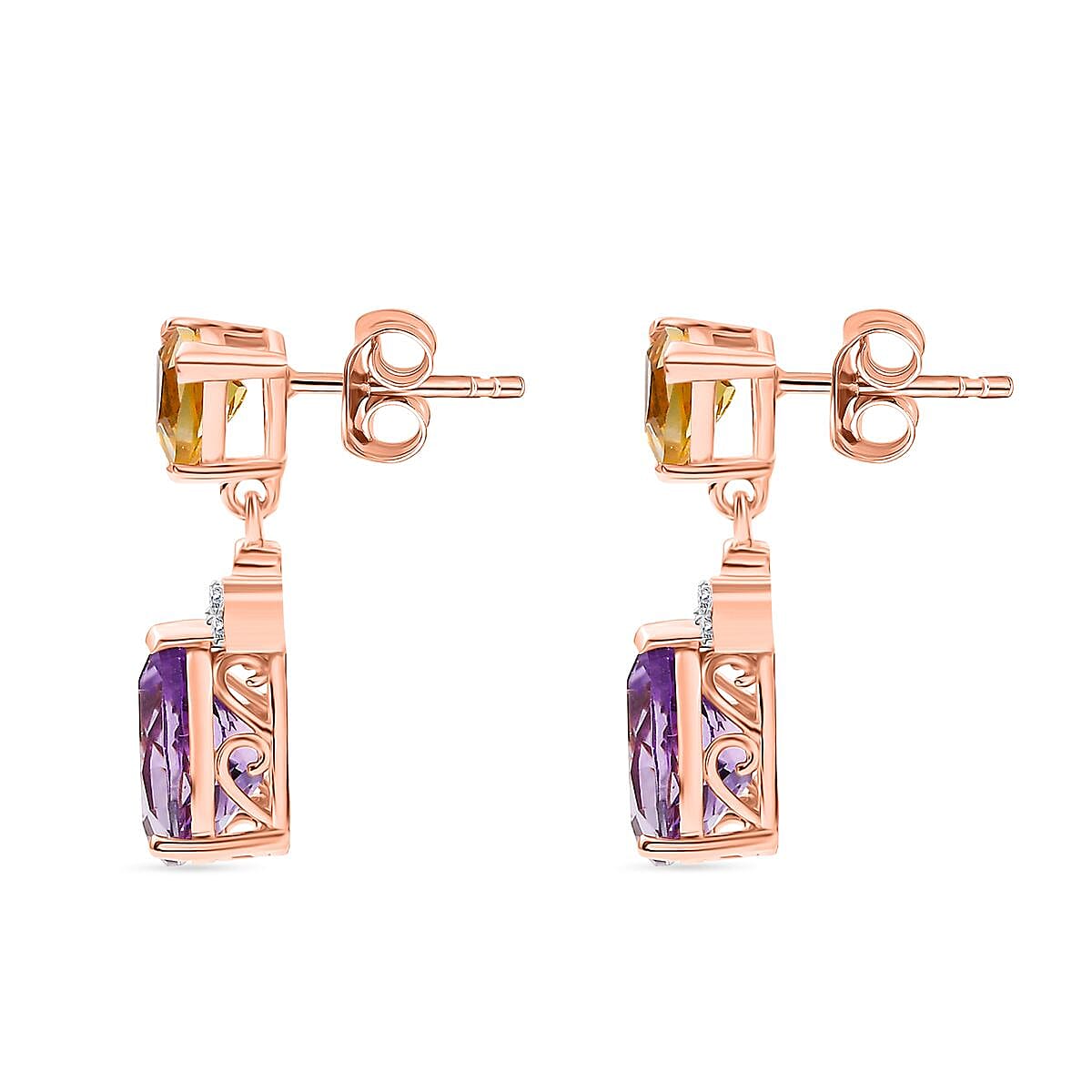 Rose De France Amethyst, Citrine & White Zircon Stud Push Post Earring in 14K Rose Gold Plated Sterling Silver 5.71 Ct.