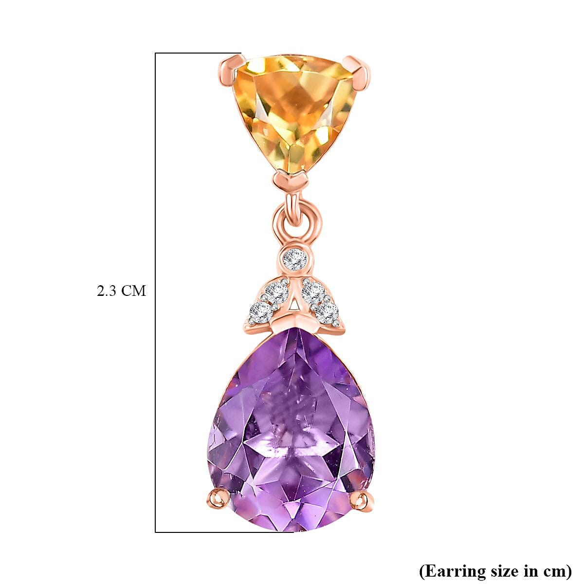 Rose De France Amethyst, Citrine & White Zircon Stud Push Post Earring in 14K Rose Gold Plated Sterling Silver 5.71 Ct.