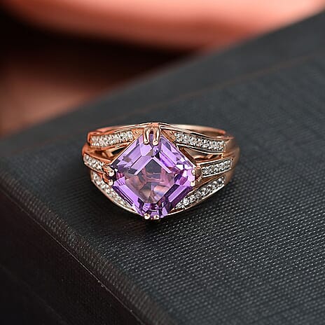 D'joy Rose De France Amethyst & White Zircon Ring in 14K Rose Gold Plated Sterling Silver 5.04 Ct.