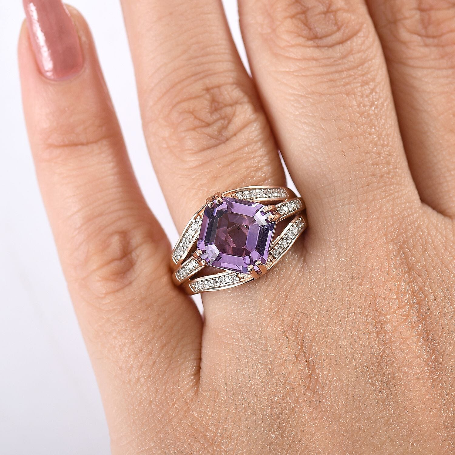 D'joy Rose De France Amethyst & White Zircon Ring in 14K Rose Gold Plated Sterling Silver 5.04 Ct.
