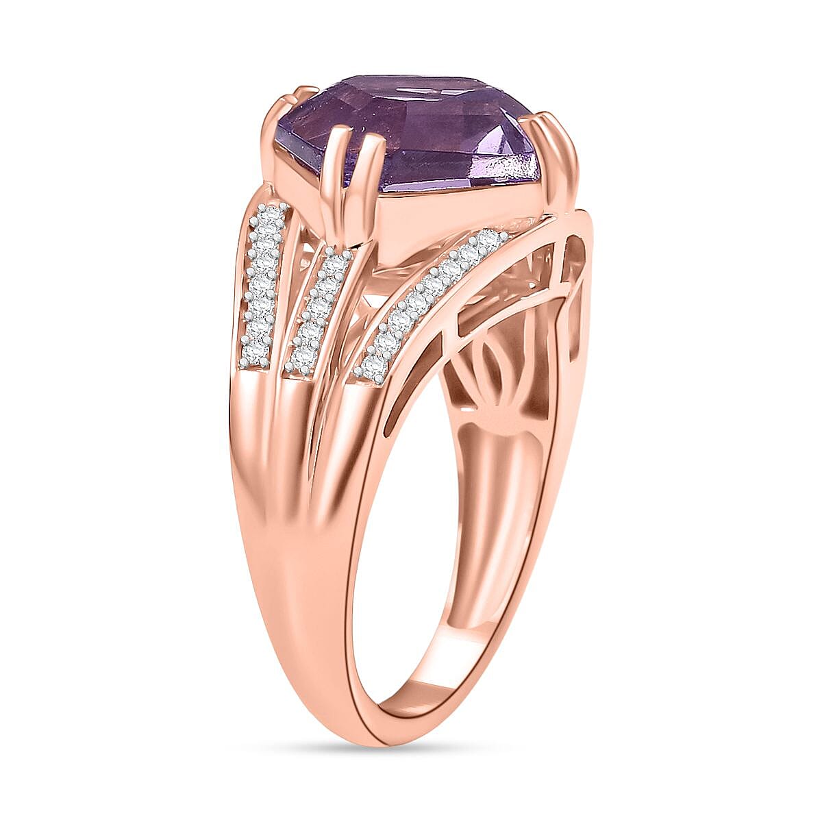 D'joy Rose De France Amethyst & White Zircon Ring in 14K Rose Gold Plated Sterling Silver 5.04 Ct.