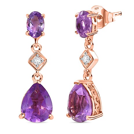 D'joy Rose De France Amethyst & White Zircon Dangling Earring with Push Back in 14K Rose Gold Plated Sterling Silver 3.85 Ct.