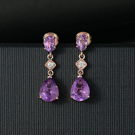 D'joy Rose De France Amethyst & White Zircon Dangling Earring with Push Back in 14K Rose Gold Plated Sterling Silver 3.85 Ct.