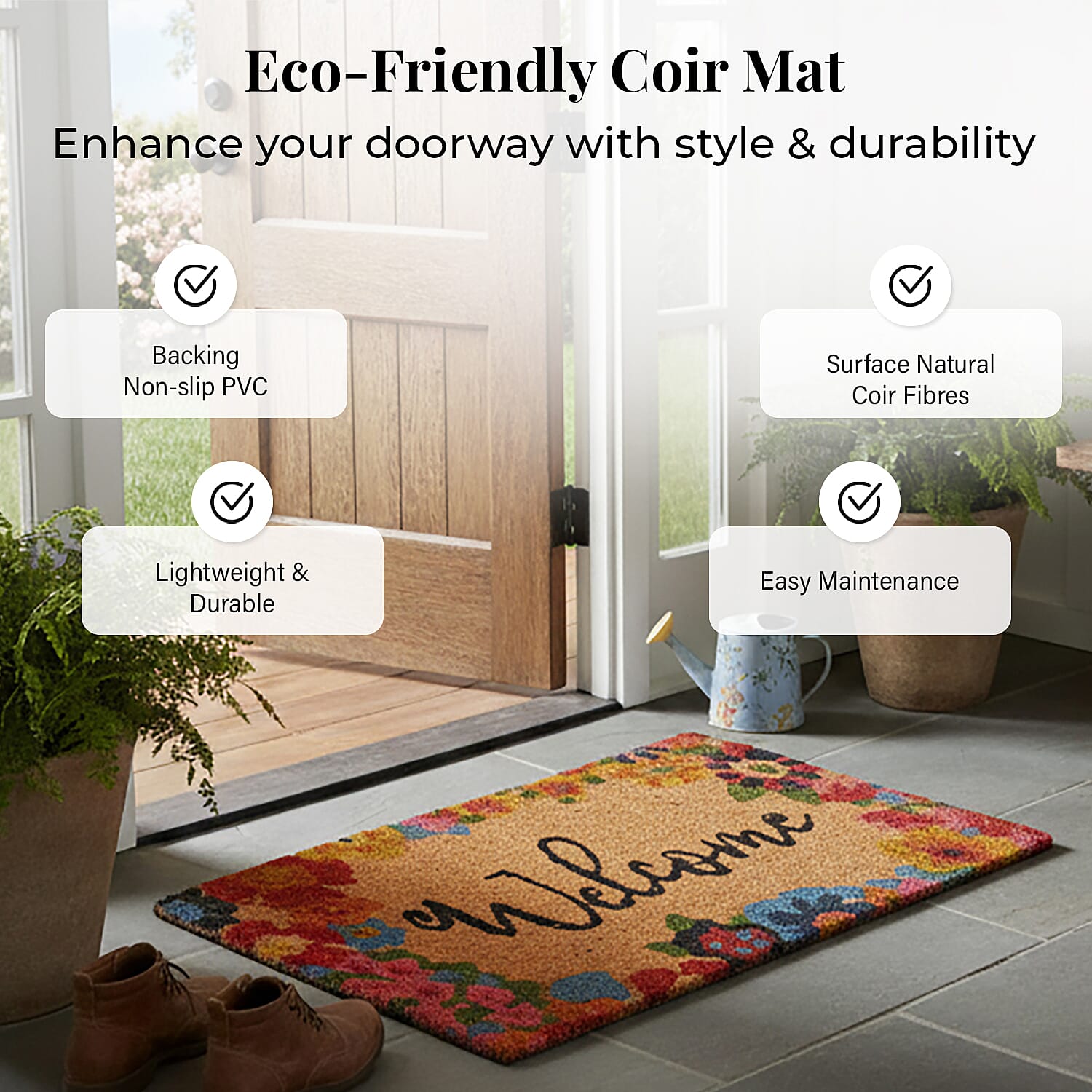 Welcome Print Coir Door Mat (Size 40x60 cm) - Pink & Multi