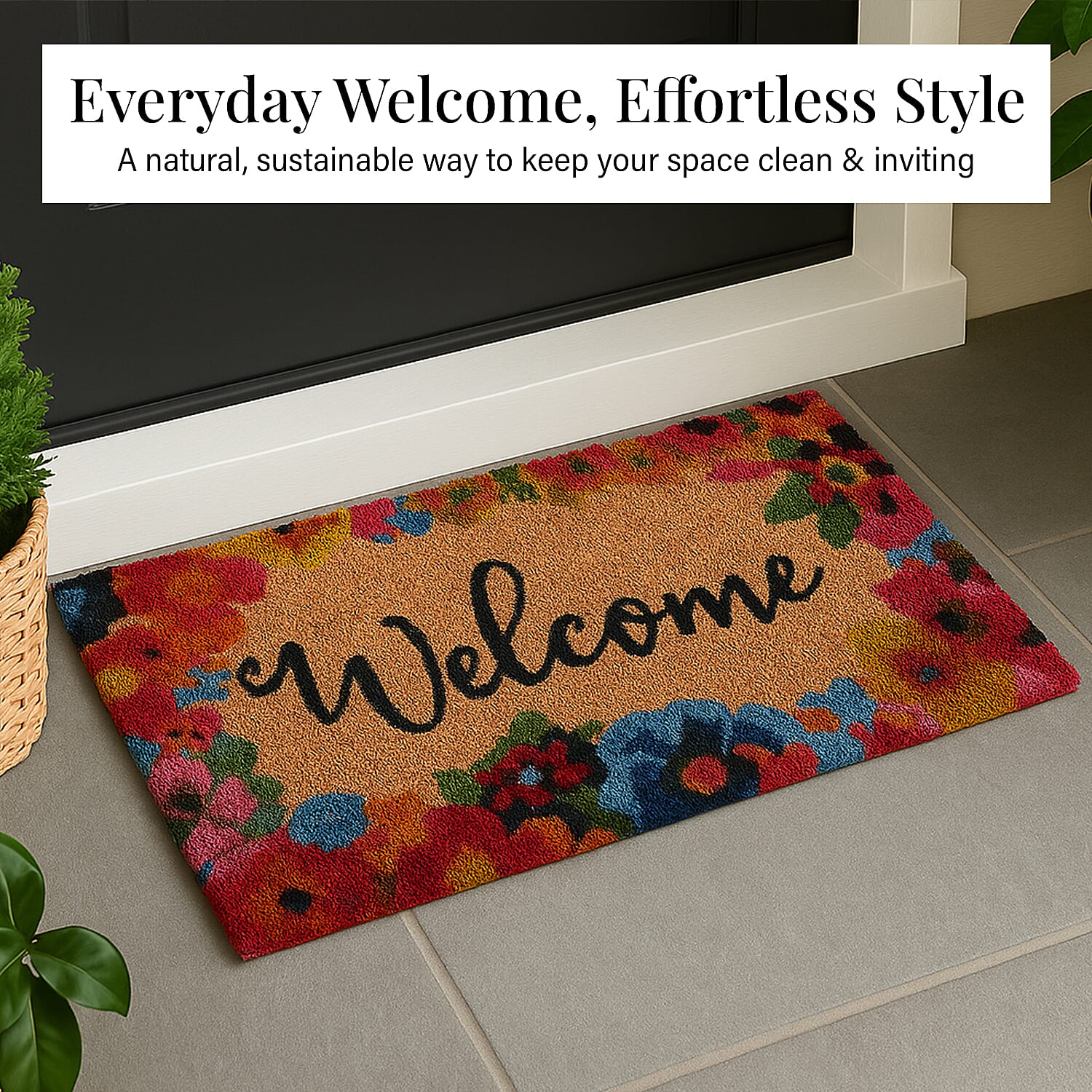 Welcome Print Coir Door Mat (Size 40x60 cm) - Pink & Multi