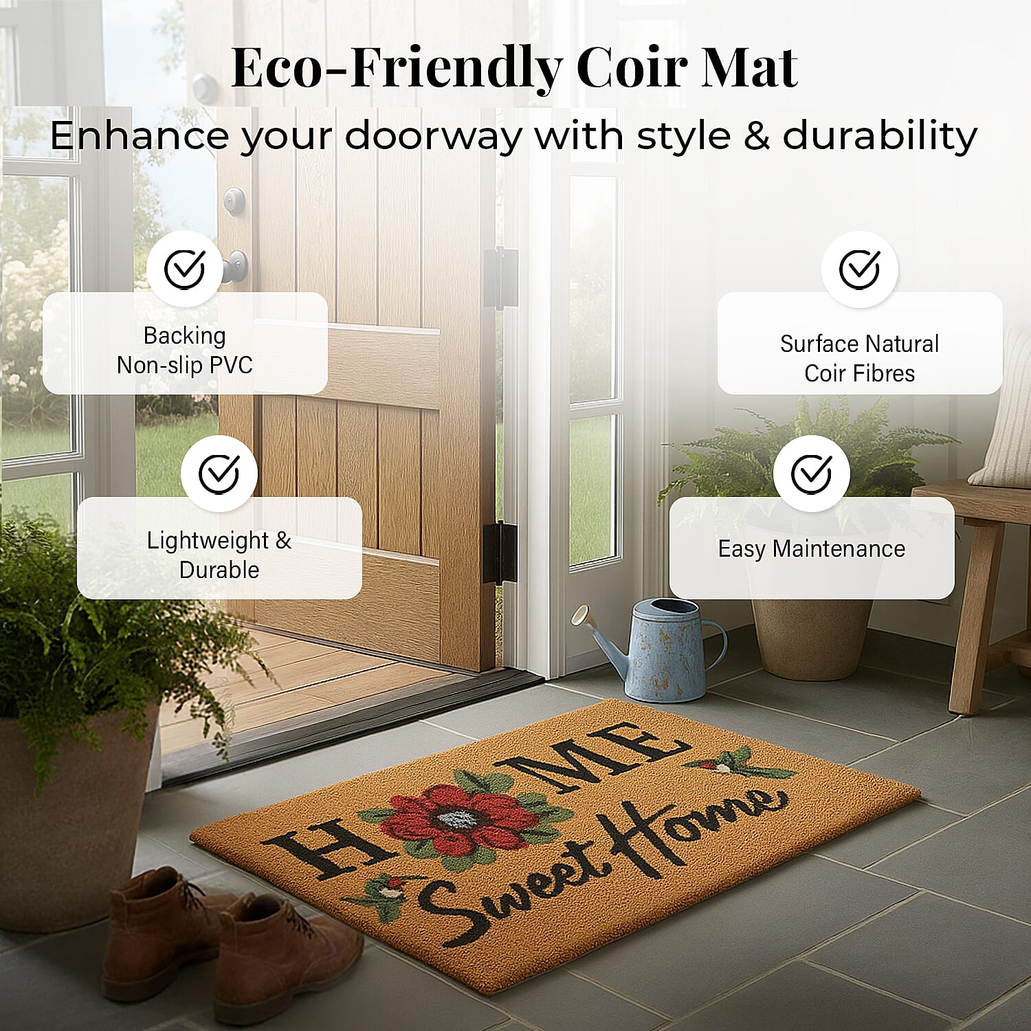 Sweet Home Print Coir Door Mat (Size 40x60 cm) - Pink & White