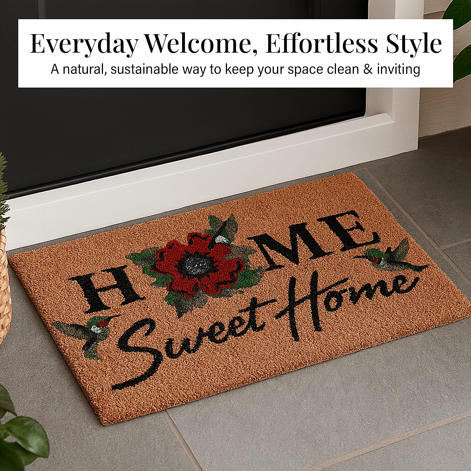 Sweet Home Print Coir Door Mat (Size 40x60 cm) - Pink & White